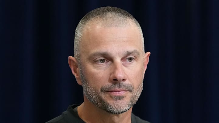 Feb 24, 2026; Indianapolis, IN, USA; Las Vegas Raiders general manager John Spytek speaks at the NFL Scouting Combine at the Indiana Convention Center. Mandatory Credit: Kirby Lee-Imagn Images Feb 24, 2026; Indianapolis, IN, USA; Las Vegas Raiders general manager John Spytek speaks at the NFL Scouting Combine at the Indiana Convention Center. Mandatory Credit: Kirby Lee-Imagn Images
