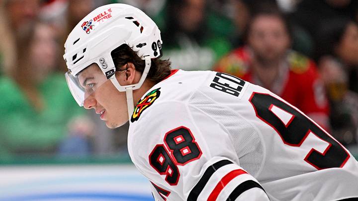 Mar 8, 2026; Dallas, Texas, USA; Chicago Blackhawks center Connor Bedard (98) looks on during the second period against the Dallas Stars at the American Airlines Center. Mandatory Credit: Jerome Miron-Imagn Images