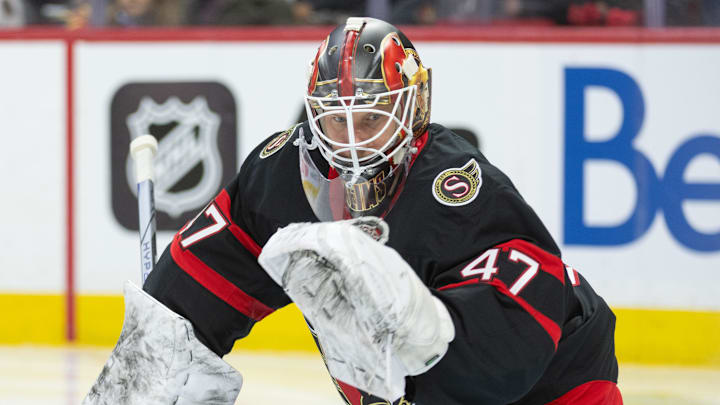 Jan 24, 2026; Ottawa, Ontario, CAN; Ottawa Senators goalie James Reimer (47) warms up prior to the start of the second period against the Carolina Hurricanes  at the Canadian Tire Centre. Mandatory Credit: Marc DesRosiers-IMAGN Images