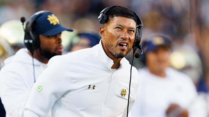 Notre Dame head coach Marcus Freeman looks on in the second half of a NCAA football game against NC State at Notre Dame Stadium on Saturday, Oct. 11, 2025, in South Bend.