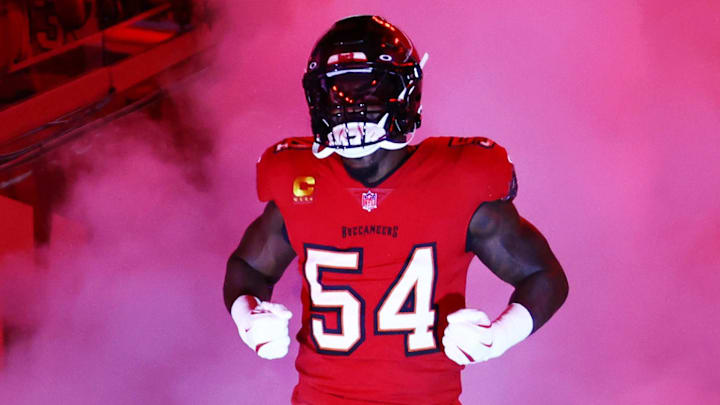Oct 21, 2024; Tampa, Florida, USA;Tampa Bay Buccaneers linebacker Lavonte David (54) runs out of the tunnel before the game Baltimore Ravens at Raymond James Stadium. Mandatory Credit: Kim Klement Neitzel-Imagn Images
