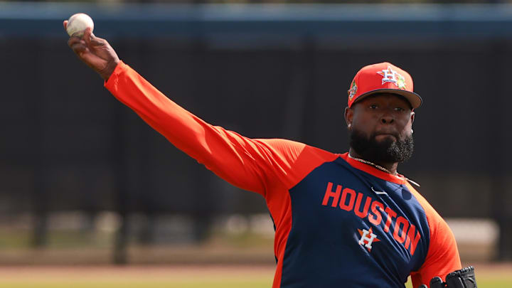 Houston Astros pitcher Cristian Javier (53) pitches during a spring training workout. Houston Astros pitcher Cristian Javier (53) pitches during a spring training workout.
