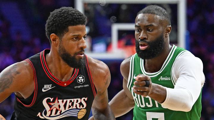 Apr 24, 2026; Philadelphia, Pennsylvania, USA; Philadelphia 76ers forward Paul George (8) drives to the basket against Boston Celtics guard Jaylen Brown (7) during the second half at Xfinity Mobile Arena. Mandatory Credit: Eric Hartline-Imagn Images Apr 24, 2026; Philadelphia, Pennsylvania, USA; Philadelphia 76ers forward Paul George (8) drives to the basket against Boston Celtics guard Jaylen Brown (7) during the second half at Xfinity Mobile Arena. Mandatory Credit: Eric Hartline-Imagn Images
