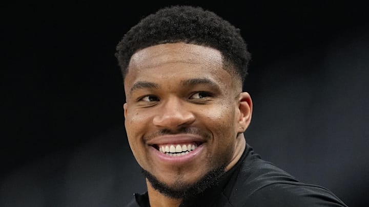 Milwaukee Bucks forward Giannis Antetokounmpo looks on during warmups prior to the game against the Brooklyn Nets at Fiserv Forum on April 10, 2026.