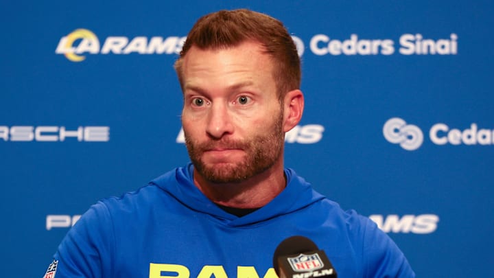 Dec 18, 2025; Seattle, Washington, USA;  Los Angeles Rams head coach Sean McVay speaks in a press conference after a game against the Seattle Seahawks at Lumen Field. Mandatory Credit: Kevin Ng-Imagn Images