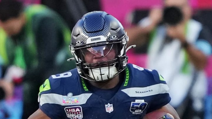 Feb 8, 2026; Santa Clara, CA, USA; Seattle Seahawks running back Kenneth Walker III (9) runs the ball during the second quarter against the New England Patriots in Super Bowl LX at Levi's Stadium. Mandatory Credit: Darren Yamashita-Imagn Images