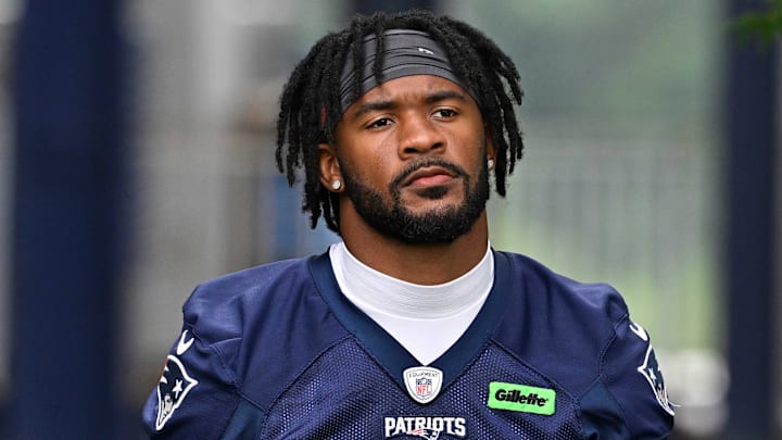 Jun 9, 2025; Foxborough, MA, USA; New England Patriots linebacker Cam Riley (42) walks to the practice fields at Gillette Stadium. Mandatory Credit: Eric Canha-Imagn Images