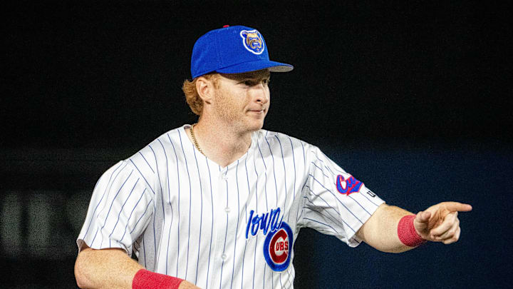 Iowa Cubs' Owen Caissie (17) makes his way to the dugout on Friday, March 28, 2025, at Principal Park in Des Moines. Iowa Cubs' Owen Caissie (17) makes his way to the dugout on Friday, March 28, 2025, at Principal Park in Des Moines.