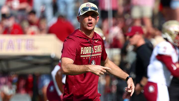 Sep 19, 2026; Tuscaloosa, Alabama, USA; Florida State Seminoles head coach Mike Norvell warms up his team before a game against the Alabama Crimson Tide at Saban Field at Bryant-Denny Stadium. Mandatory Credit: David Leong-Imagn Images