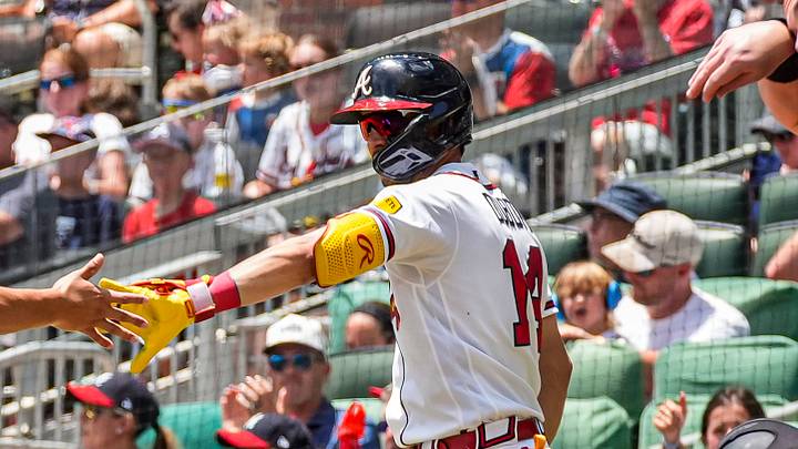 Jul 19, 2026; Cumberland, Georgia, USA; Atlanta Braves catcher Drake Baldwin (30) reacts with left fielder Mauricio Dubón (14) after scoring a run against the Texas Rangers during the first inning at Truist Park. Mandatory Credit: Dale Zanine-Imagn Images Jul 19, 2026; Cumberland, Georgia, USA; Atlanta Braves catcher Drake Baldwin (30) reacts with left fielder Mauricio Dubón (14) after scoring a run against the Texas Rangers during the first inning at Truist Park. Mandatory Credit: Dale Zanine-Imagn Images