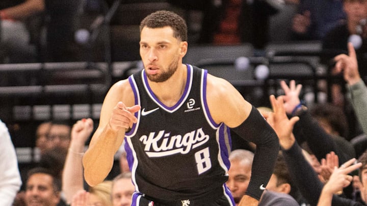 Oct 26, 2025; Sacramento, California, USA; Sacramento Kings guard Zach Lavine (8) reacts after making a three point shot against the Los Angeles Lakers during the first quarter at Golden 1 Center. Mandatory Credit: Ed Szczepanski-Imagn Images