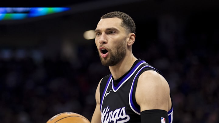 Apr 13, 2025; Sacramento, California, USA;  Sacramento Kings guard Zach LaVine (8) reacts during the second quarter against the Phoenix Suns at Golden 1 Center. Mandatory Credit: John Hefti-Imagn Images