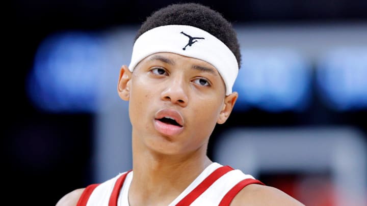 Oklahoma Sooners guard Jeremiah Fears (0) during a men's college Bedlam basketball game between the University of Oklahoma Sooners (OU) and the Oklahoma State University Cowboys (OSU) at Paycom Center in Oklahoma City, Saturday, Dec. 14, 2024. Oklahoma won 80-65. Oklahoma Sooners guard Jeremiah Fears (0) during a men's college Bedlam basketball game between the University of Oklahoma Sooners (OU) and the Oklahoma State University Cowboys (OSU) at Paycom Center in Oklahoma City, Saturday, Dec. 14, 2024. Oklahoma won 80-65.