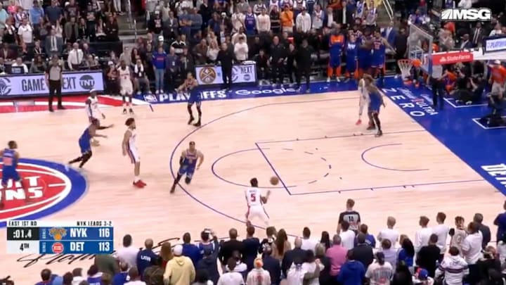 New York Knicks vs. Detroit Pistons as Malik Beasley bobbles and drops the ball on May 1, 2025.