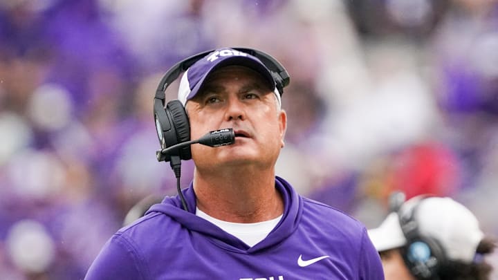 Oct 18, 2025; Fort Worth, Texas, USA; TCU Horned Frogs head coach Sonny Dykes on the sidelines against the Baylor Bears during the second half of a game at Amon G. Carter Stadium. Mandatory Credit: Raymond Carlin III-Imagn Images