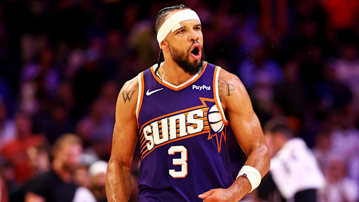 Oct 22, 2025; Phoenix, Arizona, USA; Phoenix Suns forward Dillon Brooks (3) reacts to a play during the second half against the Sacramento Kings at the Mortgage Matchup Center. Mandatory Credit: Mark J. Rebilas-Imagn Images