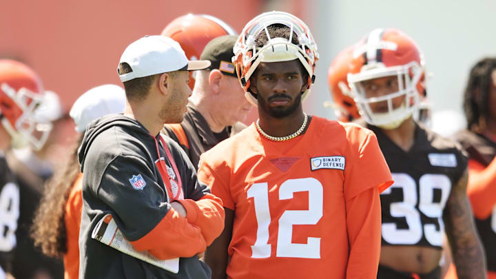 May 10, 2025; Berea, OH, USA; Cleveland Browns quarterback Shedeur Sanders (12) waits his turn for a drill during rookie minicamp at CrossCountry Mortgage Campus. 