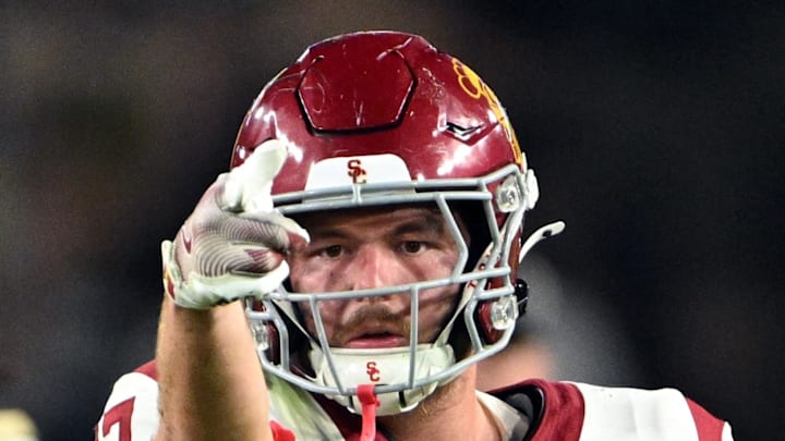 Sep 13, 2025; West Lafayette, Indiana, USA; USC Trojans tight end Lake McRee (87) celebrates a first down during the second half against the Purdue Boilermakers at Ross-Ade Stadium.