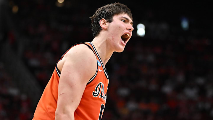 Mar 26, 2026; Houston, TX, USA; Illinois Fighting Illini forward David Mirkovic (0) reacts against the Houston Cougars in the second half during a Sweet Sixteen game of the South Regional of the men's 2026 NCAA Tournament at Toyota Center. Mandatory Credit: Maria Lysaker-Imagn Images Mar 26, 2026; Houston, TX, USA; Illinois Fighting Illini forward David Mirkovic (0) reacts against the Houston Cougars in the second half during a Sweet Sixteen game of the South Regional of the men's 2026 NCAA Tournament at Toyota Center. Mandatory Credit: Maria Lysaker-Imagn Images