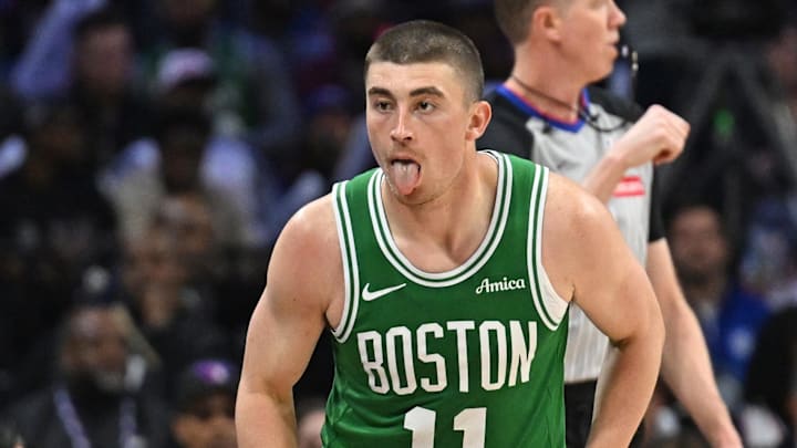 Apr 26, 2026; Philadelphia, Pennsylvania, USA; Boston Celtics guard Payton Pritchard (11) reacts after making a three point basket against the Philadelphia 76ers during the second half at Xfinity Mobile Arena. Mandatory Credit: Eric Hartline-Imagn Images