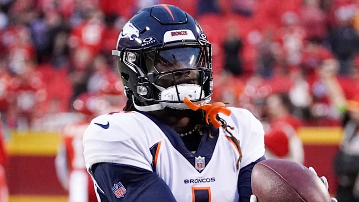 Oct 12, 2023; Kansas City, Missouri, USA; Denver Broncos cornerback Tremon Smith (1) warms up against the Kansas City Chiefs prior to a game at GEHA Field at Arrowhead Stadium. Mandatory Credit: Denny Medley-Imagn Images