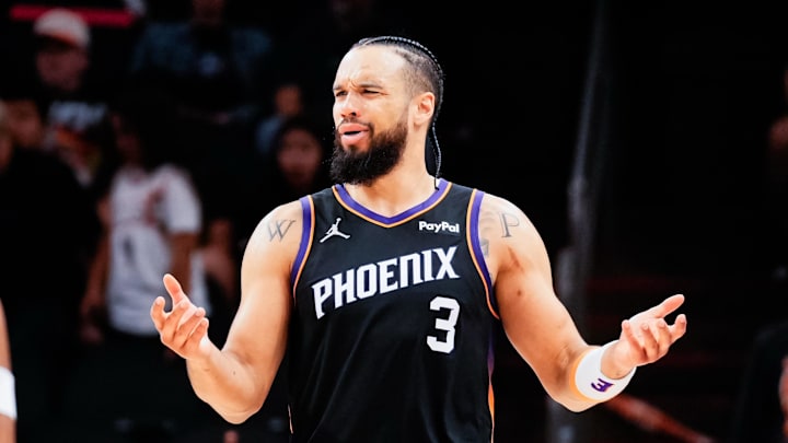 Feb 10, 2026; Phoenix, Arizona, USA; Phoenix Suns guard/forward Dillon Brooks (3) reacts to a call in the second half of the game against the Dallas Mavericks at Mortgage Matchup Center. Mandatory Credit: Arianna Grainey-Imagn Images