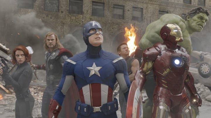 Scarlett Johansson, Chris Hemsworth, Chris Evans, Jeremy Renner, Mark Ruffalo, and Robert Downey Jr. in The Avengers (2012) ©Marvel 2012