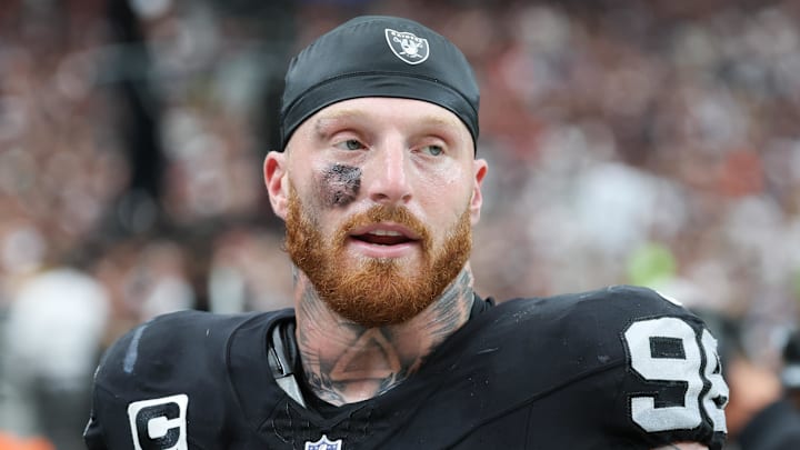 Las Vegas Raiders defensive end Maxx Crosby looks on from the sideline. Las Vegas Raiders defensive end Maxx Crosby looks on from the sideline.