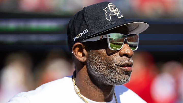 Oct 19, 2024; Tucson, Arizona, USA; Colorado Buffalos head coach Deion Sanders against the Arizona Wildcats at Arizona Stadium. Mandatory Credit: Mark J. Rebilas-Imagn Images