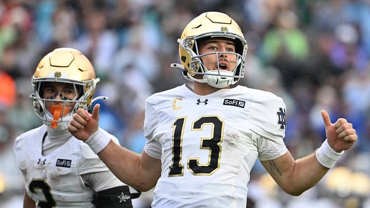 Oct 3, 2026; Chapel Hill, North Carolina, USA; Notre Dame Fighting Irish quarterback CJ Carr (13) on the field in the second half at Kenan Stadium. Oct 3, 2026; Chapel Hill, North Carolina, USA; Notre Dame Fighting Irish quarterback CJ Carr (13) on the field in the second half at Kenan Stadium.