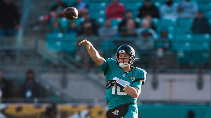 Dec 1, 2024; Jacksonville, Florida, USA; Jacksonville Jaguars quarterback Mac Jones (10) throws the ball on the run against the Houston Texans in the fourth quarter at EverBank Stadium. Mandatory Credit: Jeremy Reper-Imagn Images Dec 1, 2024; Jacksonville, Florida, USA; Jacksonville Jaguars quarterback Mac Jones (10) throws the ball on the run against the Houston Texans in the fourth quarter at EverBank Stadium. Mandatory Credit: Jeremy Reper-Imagn Images
