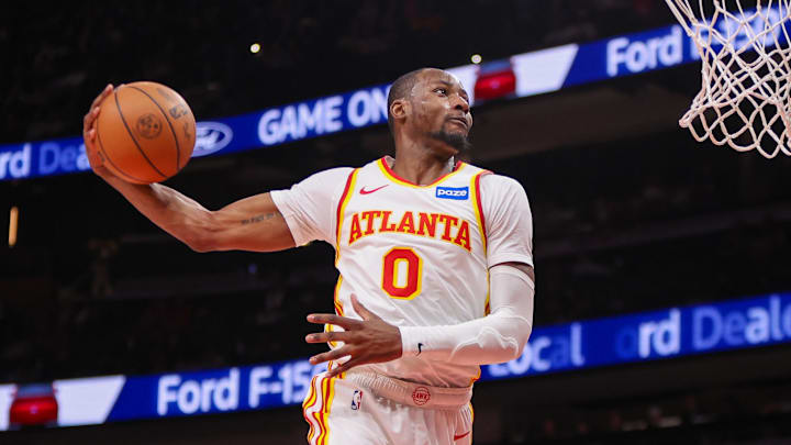 Mar 1, 2026; Atlanta, Georgia, USA; Atlanta Hawks forward Jonathan Kuminga (0) dunks against the Portland Trail Blazers in the fourth quarter at State Farm Arena. Mandatory Credit: Brett Davis-Imagn Images
