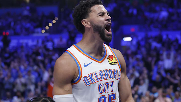 Oct 28, 2025; Oklahoma City, Oklahoma, USA; Oklahoma City Thunder guard Ajay Mitchell (25) celebrates after scoring against the Sacramento Kings during the second half at Paycom Center. Mandatory Credit: Alonzo Adams-Imagn Images