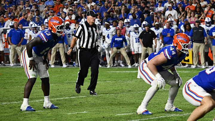 Oct. 19, 2024. Florida Gators edge rusher Jack Pyburn lines up at fullback in front of running back Jadan Baugh against Kentucky. Mandatory Credit: Kyle Lander-Gators Illustrated.