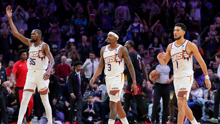 Jan 22, 2024; Phoenix, Arizona, USA; Phoenix Suns forward Kevin Durant (35) and Phoenix Suns guard Bradley Beal (3) and Phoenix Suns guard Devin Booker (1) reacts during the second half of the game against the Chicago Bulls at Footprint Center. Mandatory Credit: Joe Camporeale-USA TODAY Sports Jan 22, 2024; Phoenix, Arizona, USA; Phoenix Suns forward Kevin Durant (35) and Phoenix Suns guard Bradley Beal (3) and Phoenix Suns guard Devin Booker (1) reacts during the second half of the game against the Chicago Bulls at Footprint Center. Mandatory Credit: Joe Camporeale-USA TODAY Sports