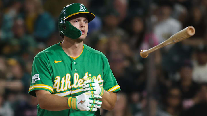 May 1, 2026; West Sacramento, California, USA; Athletics first baseman Nick Kurtz (16) toss his bat after drawing a walk during the seventh inning against the Cleveland Guardians at Sutter Health Park. Mandatory Credit: Scott Marshall-Imagn Images