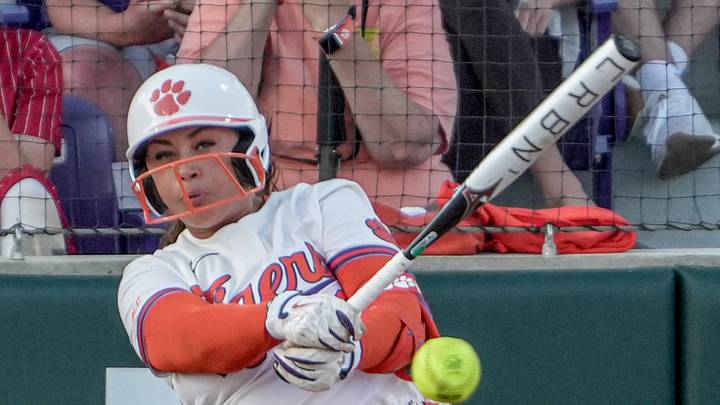 Clemson sophomore Macey Cintron (16) hits against South Carolina during the bottom of the fourth inning at McWhorter Stadium in Clemson Tuesday, April 14, 2026.