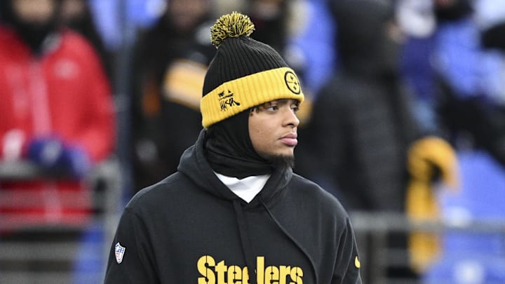 Dec 21, 2024; Baltimore, Maryland, USA;  Pittsburgh Steelers quarterback Justin Fields (2) walks the field before the game against the Baltimore Ravens at M&T Bank Stadium. Mandatory Credit: Tommy Gilligan-Imagn Images