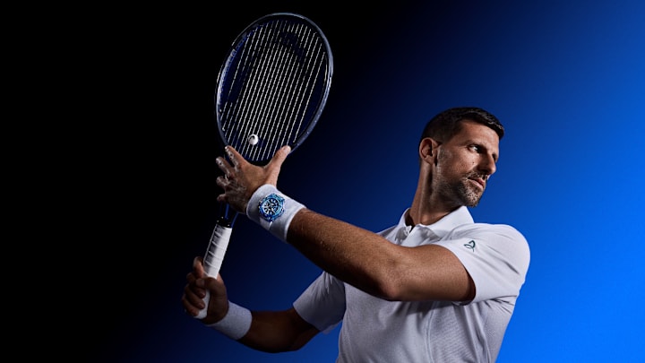 Novak Djokovic teamed up with Hublot to design a watch using his tennis rackets and polo shirts. Novak Djokovic teamed up with Hublot to design a watch using his tennis rackets and polo shirts.