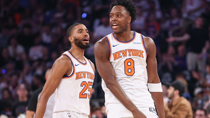 Apr 19, 2025; New York, New York, USA; New York Knicks forward OG Anunoby (8) celebrates after scoring with forward Mikal Bridges (25) in Game One of the First Round of the NBA Playoffs against the Detroit Pistons at Madison Square Garden. Mandatory Credit: Wendell Cruz-Imagn Images