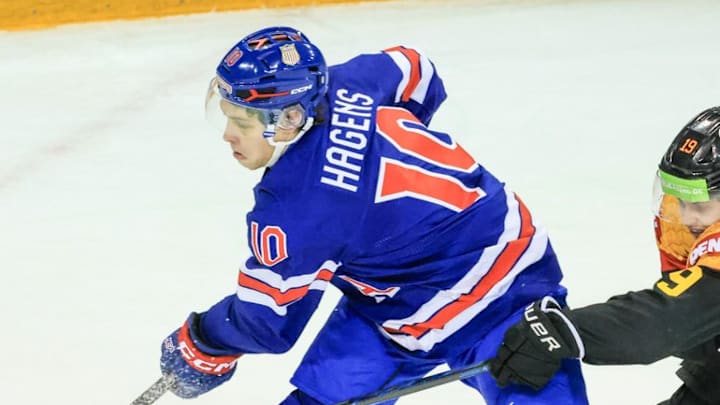 Boston College forward James Hagens helped lead the U.S. to an 8-0 victory over Germany in a tuneup for the 2026 IIHF World Junior Championships. 
