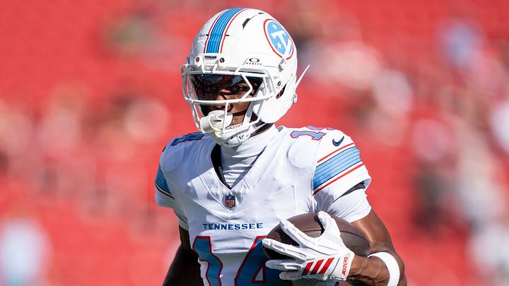 Tennessee Titans wide receiver Carnell Tate (14) warms up before the game against the San Francisco 49ers at Levi's Stadium. Tennessee Titans wide receiver Carnell Tate (14) warms up before the game against the San Francisco 49ers at Levi's Stadium.