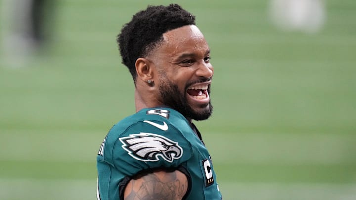 Feb 9, 2025; New Orleans, LA, USA; Philadelphia Eagles cornerback Darius Slay Jr. (2) takes the field before Super Bowl LIX against the Kansas City Chiefs at Caesars Superdome. Mandatory Credit: Kirby Lee-Imagn Images
