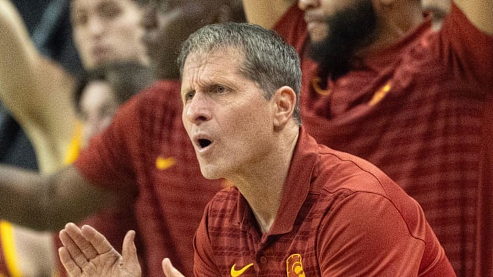 USC coach Eric Musselman cheers his team during the first half against Oregon at Matthew Knight Arena Saturday, March 1, 2025.