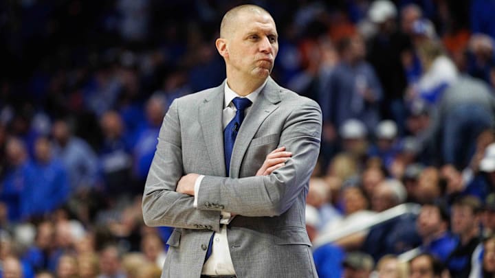 Mar 1, 2025; Lexington, Kentucky, USA; Kentucky Wildcats head coach Mark Pope looks to his bench during the first half against the Auburn Tigers at Rupp Arena at Central Bank Center. Mandatory Credit: Jordan Prather-Imagn Images