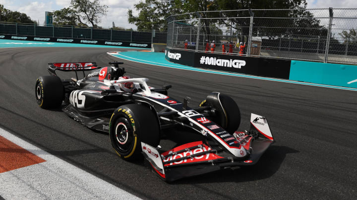 May 5, 2024; Miami Gardens, Florida, USA; Hass drive Kevin Magnussen (20) during the Miami Grand Prix at Miami International Autodrome. Mandatory Credit: Peter Casey-USA TODAY Sports