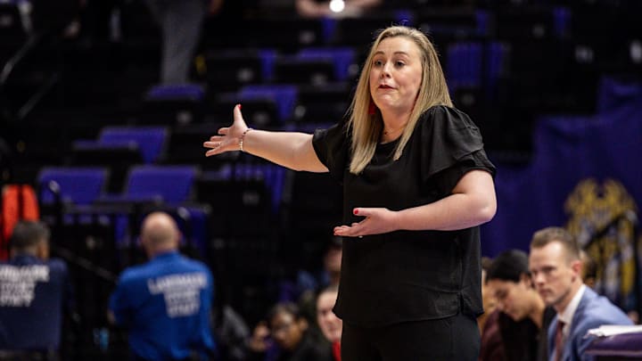  UNLV Lady Rebels head coach Lindy La Rocque reacts to a play against the Michigan Wolverines during the second half at Pete Maravich Assembly Center. 