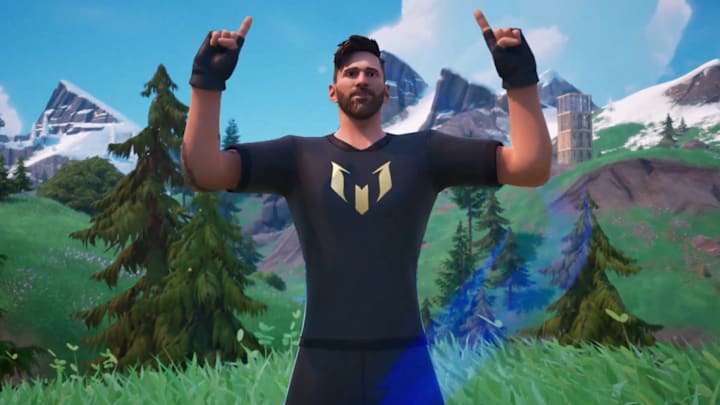 Lionel Messi's Fortnite character doing his iconic goal celebration.