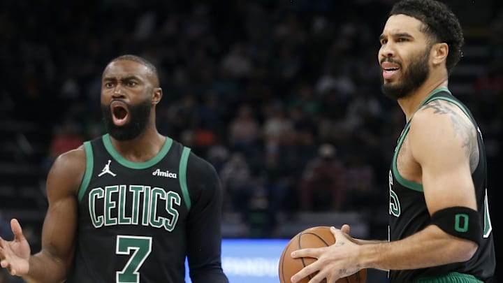 Mar 20, 2026; Memphis, Tennessee, USA; Boston Celtics guard Jaylen Brown (7) and forward Jayson Tatum (0) react during the third quarter against the Memphis Grizzliesat FedExForum. Mandatory Credit: Petre Thomas-Imagn Images Mar 20, 2026; Memphis, Tennessee, USA; Boston Celtics guard Jaylen Brown (7) and forward Jayson Tatum (0) react during the third quarter against the Memphis Grizzliesat FedExForum. Mandatory Credit: Petre Thomas-Imagn Images
