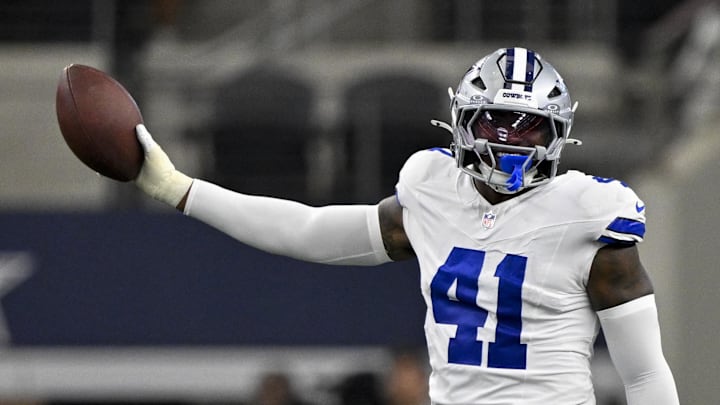 Aug 16, 2025; Arlington, Texas, USA; Dallas Cowboys defensive end Donovan Ezeiruaku (41) celebrates during the game between the Dallas Cowboys and the Baltimore Ravens at AT&T Stadium. Mandatory Credit: Jerome Miron-Imagn Images